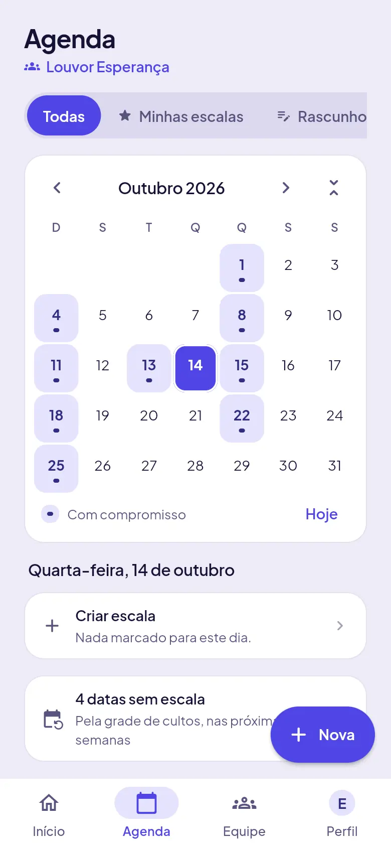 Agenda com o calendário do mês e o botão Nova
