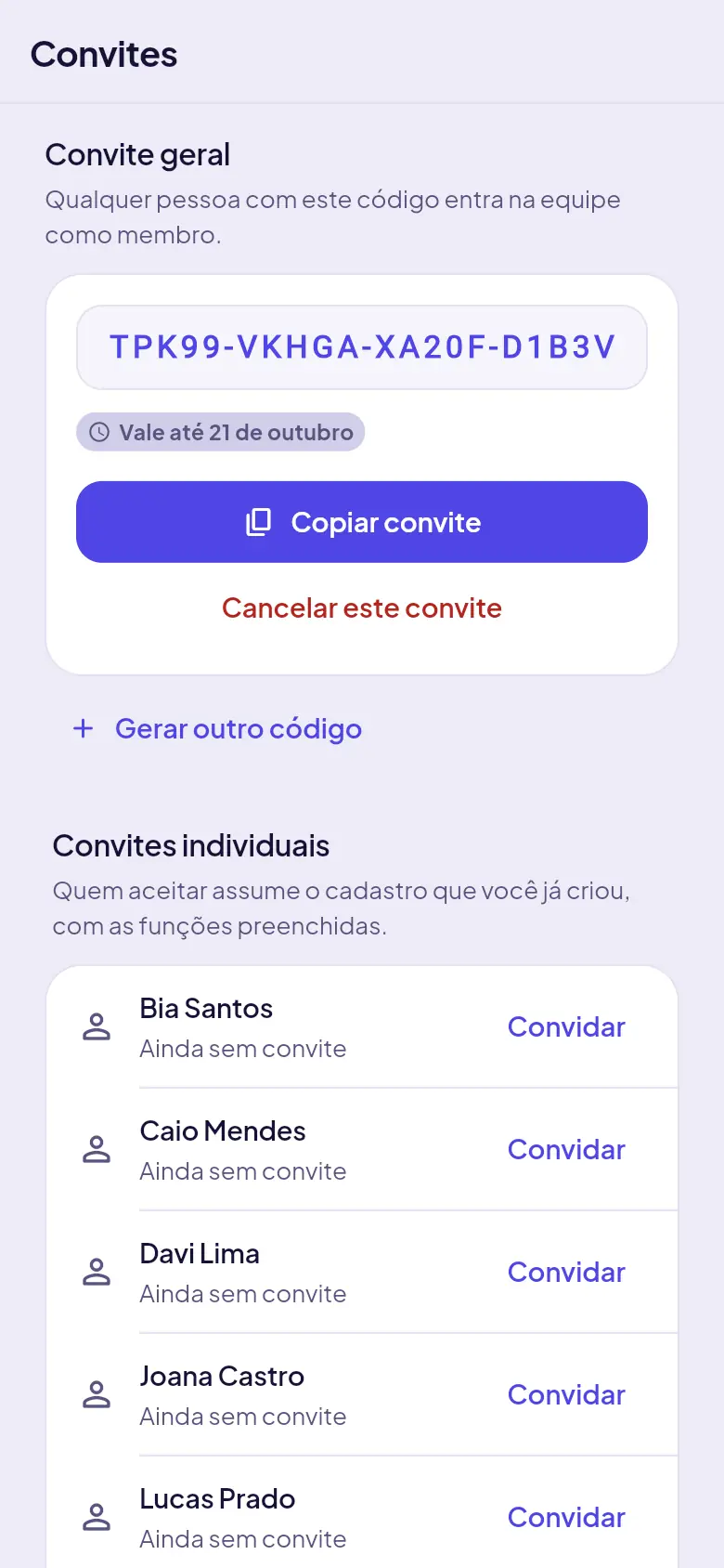 Convites, com o código do convite geral e os convites individuais