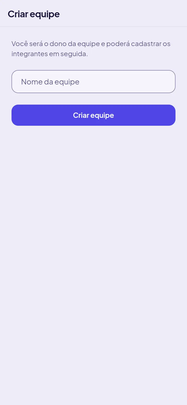 Tela Criar equipe, com o campo Nome da equipe