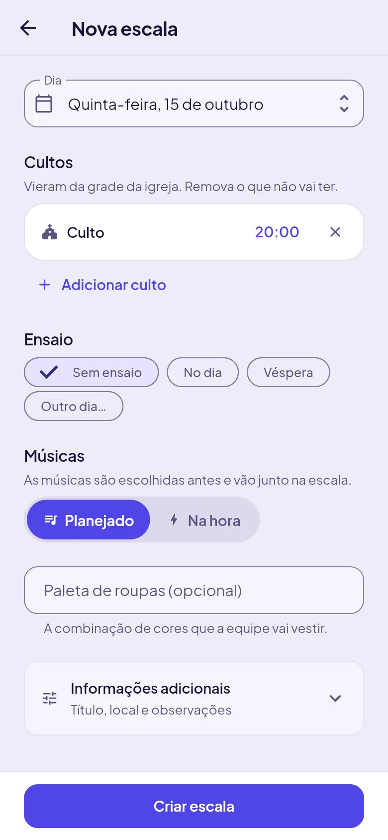 Nova escala, com dia, cultos, ensaio e músicas