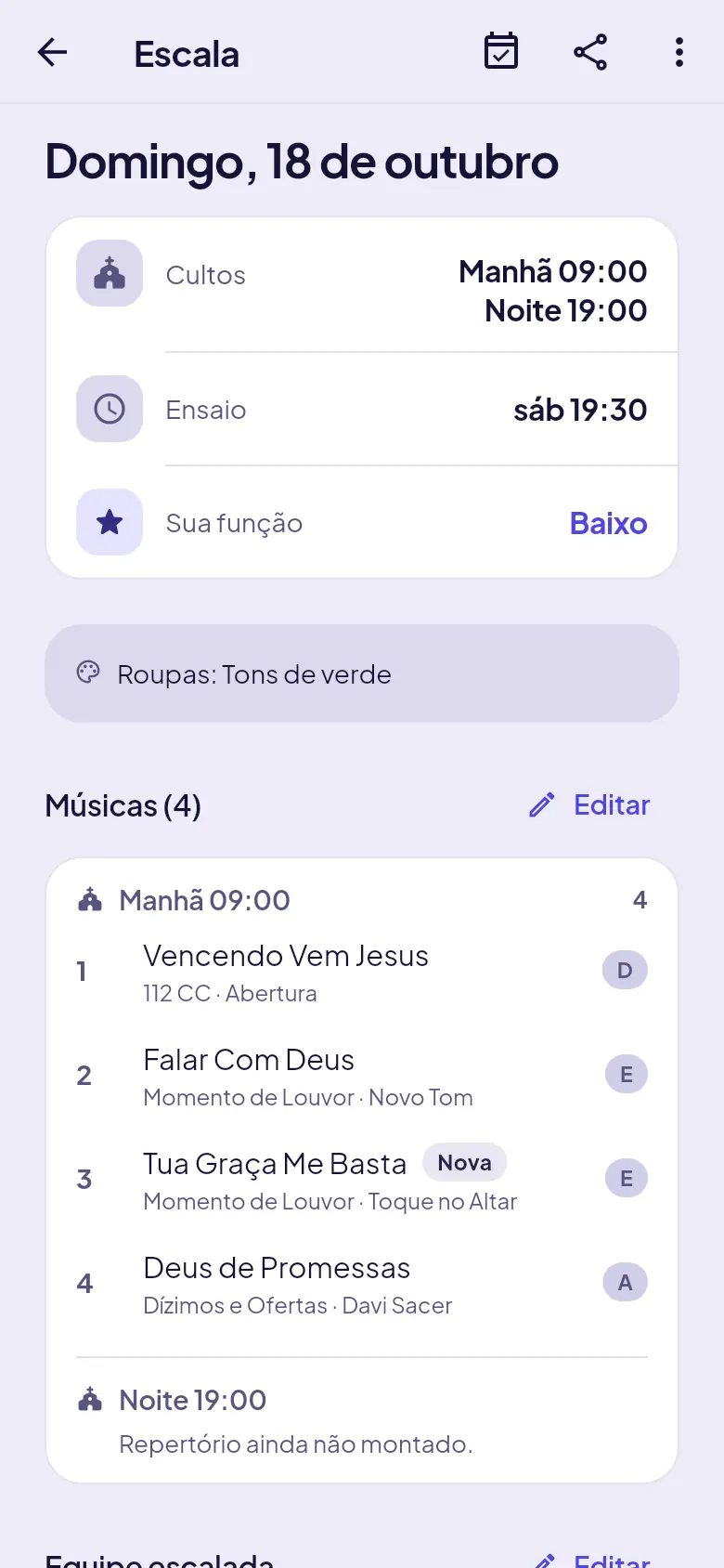 Escala publicada, com cultos, ensaio, músicas e os botões do topo