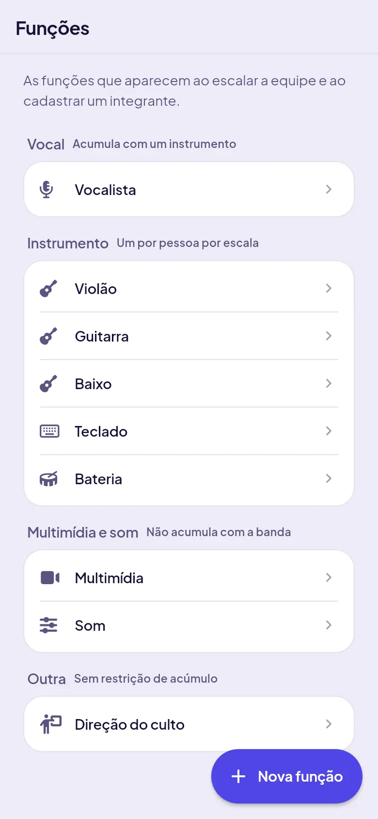 Funções agrupadas por Vocal, Instrumento e Multimídia e som