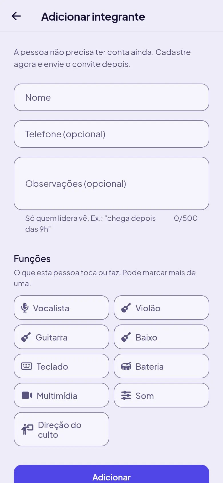 Formulário Adicionar integrante, com nome e funções