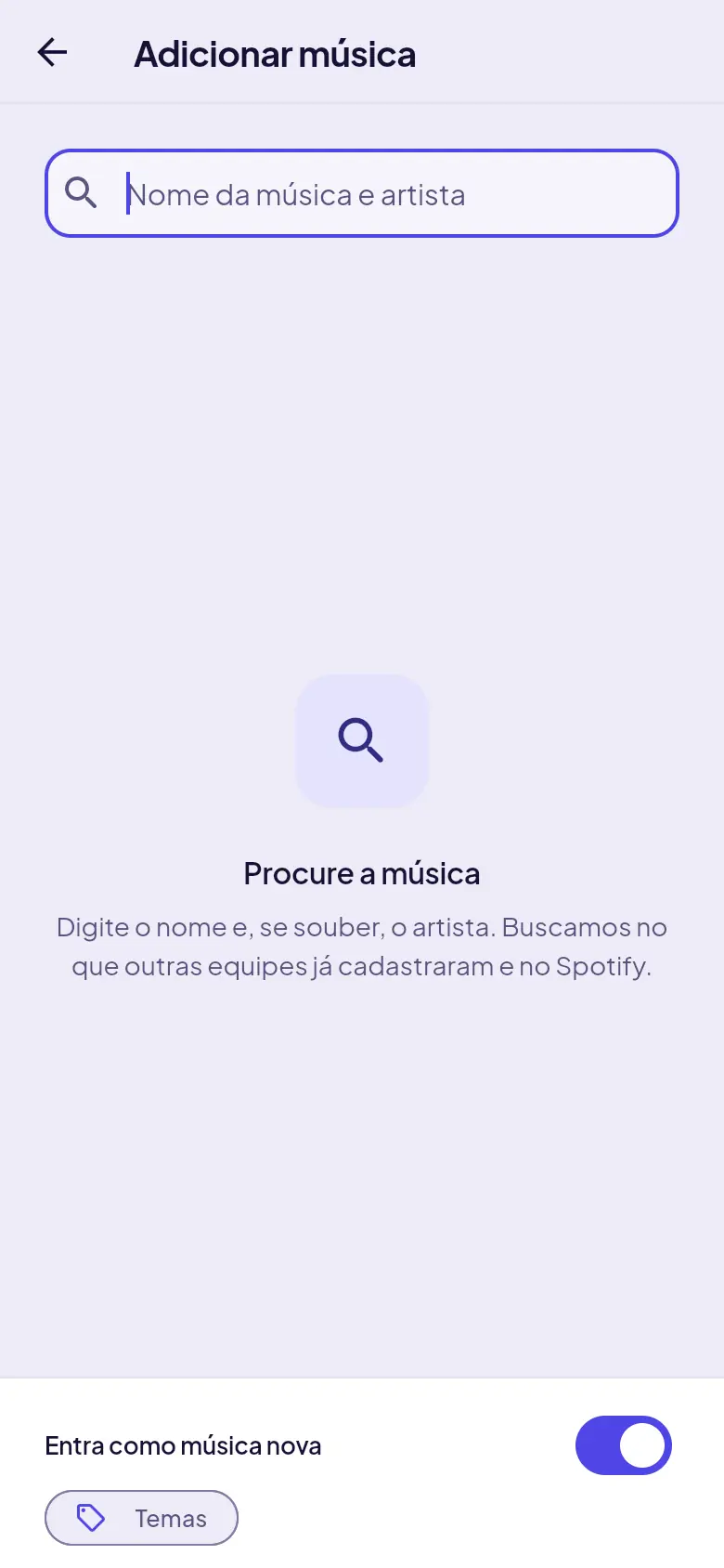 Adicionar música, com a busca por nome e artista