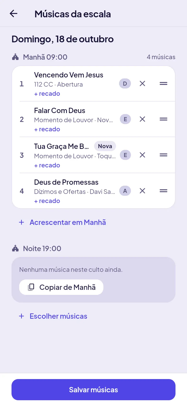 Músicas da escala, por culto, com momento e tom
