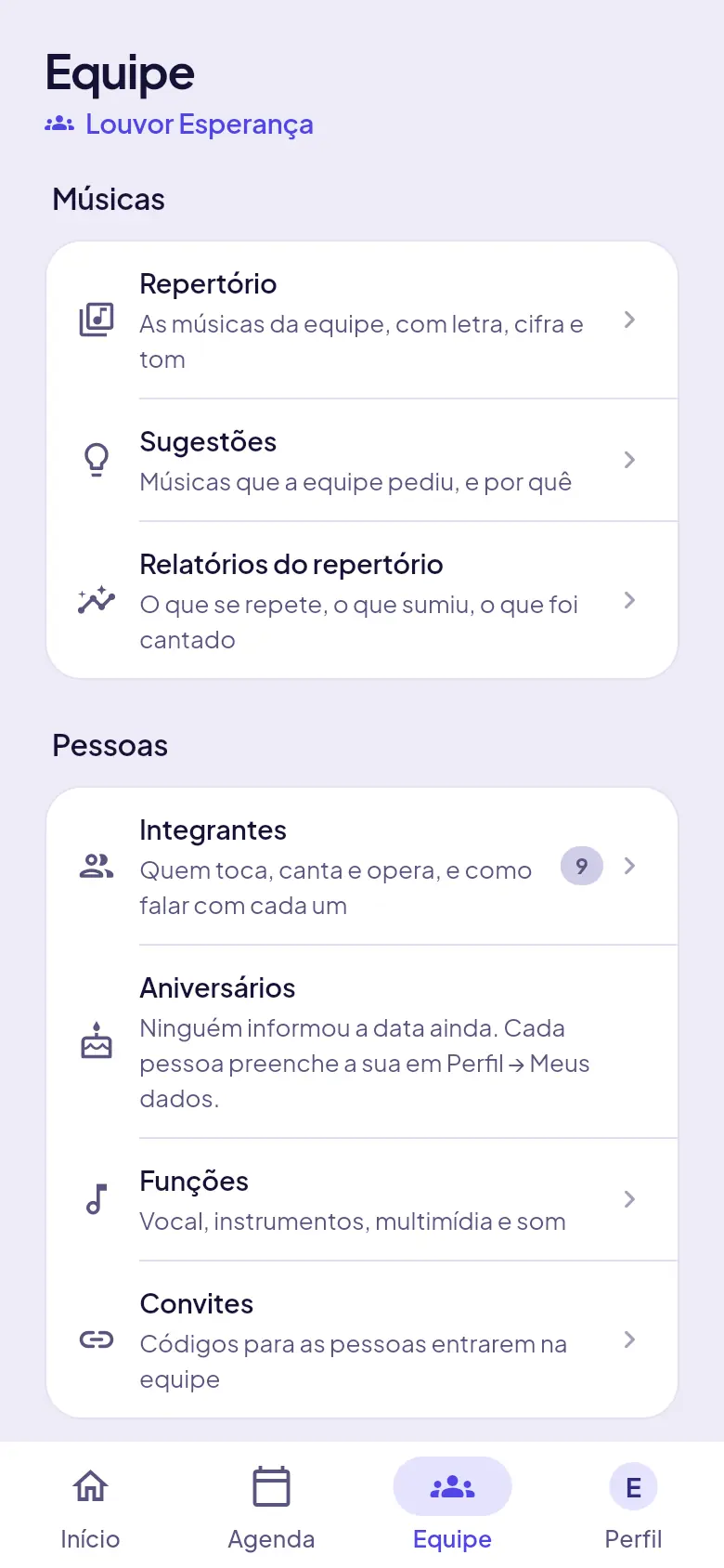 Aba Equipe com os grupos Músicas e Pessoas