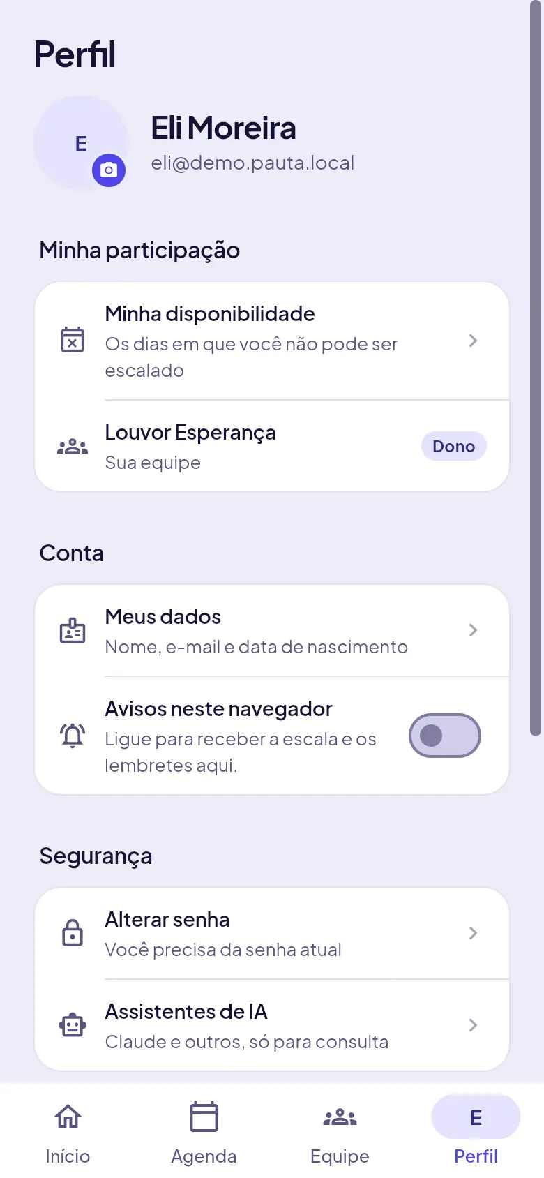 Perfil, com a opção de avisos
