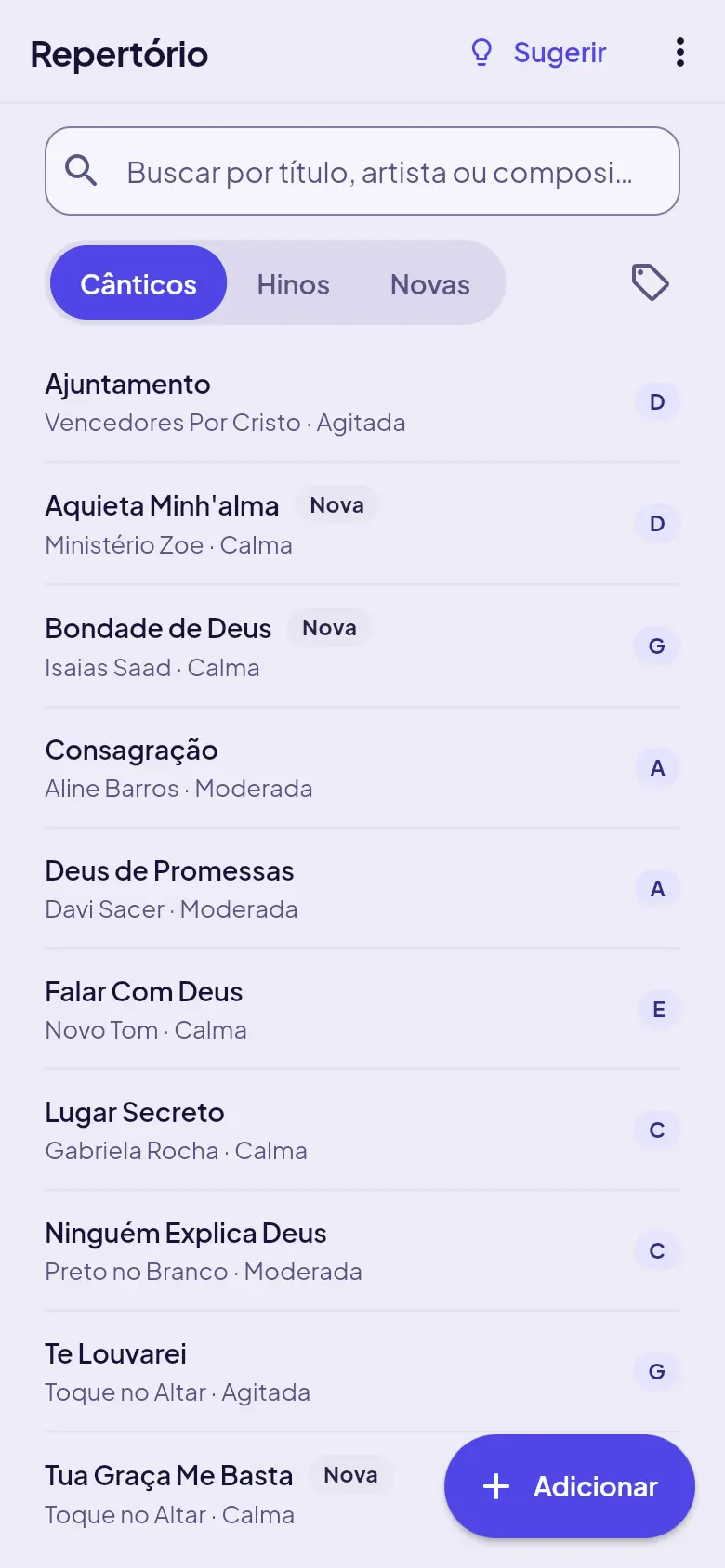 Repertório da equipe, com as abas Cânticos, Hinos e Novas