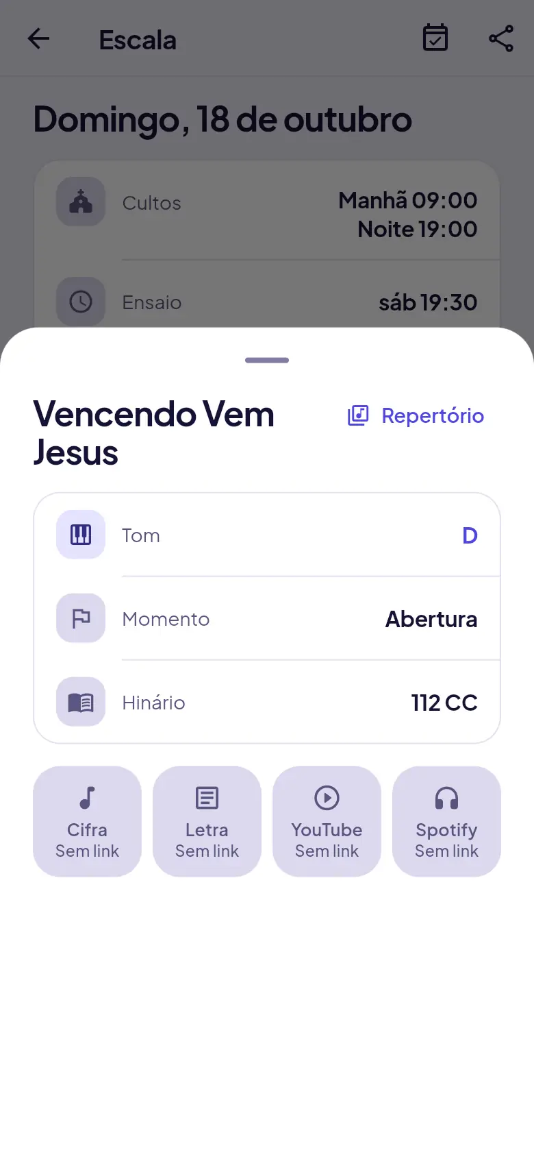 Detalhe da música na escala, com tom, momento, hinário e os atalhos