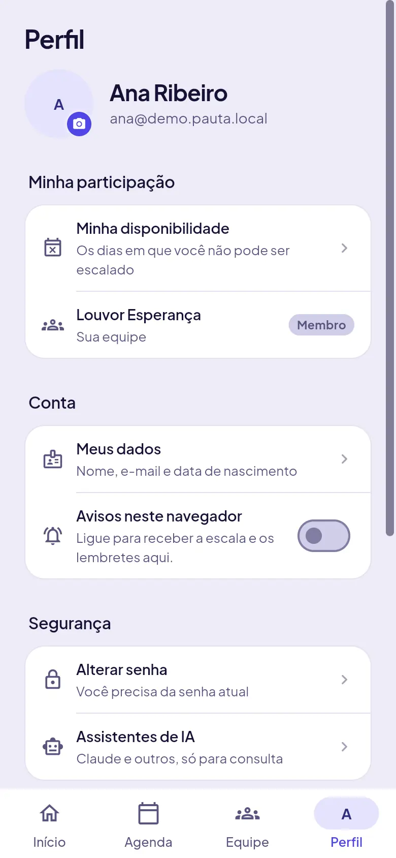 Perfil, com Minha disponibilidade, Meus dados e os avisos
